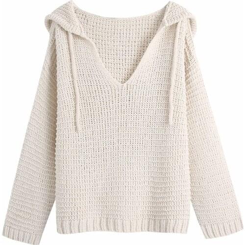 PUWD Vintage Women Beige Loose Hooded Sweaters 2021 Autumn Fashion Ladies Solid Casual Knitted Pullover Girls Chic Knitwear