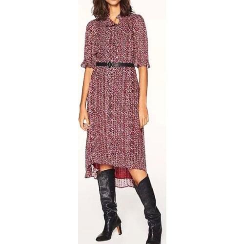 Women Dress 2020 New Printed Round Neck Gold Thread Red Midi Dress