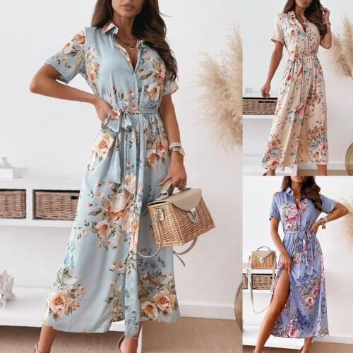 Womens Lapel Dress 2021 Sexy V-neck Floral Print Summer Bohemian Dress Womens Retro Casual Beach Resort Long Skirt
