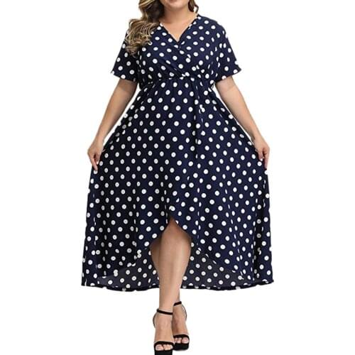 2021 Women Summer Dress Plus Size 5XL Female V Neck Short Sleeve Polka Dot Print Casual Dress High Waist Maxi Long Dresses