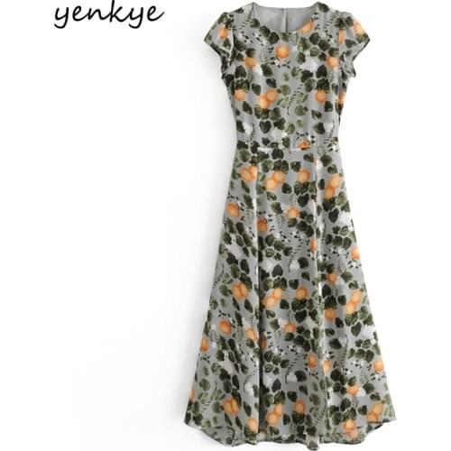 YENKYE Sexy Backless Vintage Lemon leaves Print Dress Women O Neck Short Sleeve A-line Chiffon Summer Dress Long Robe Longue