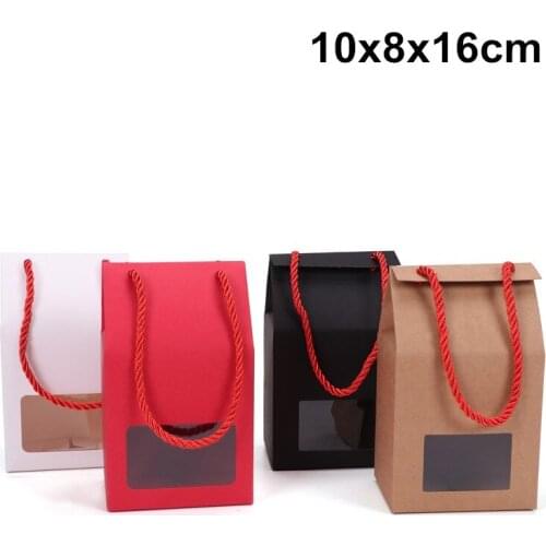 100 X White/Black/Red/Brown Kraft Paper Box Square PVC Window Box With Rope Handle Gift Packing Bag 10x8x16cm
