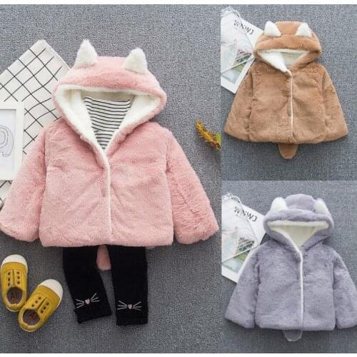 2019 Autumn Winter Baby Boy Girl Coat Solid Cute Ear Hooded Jacket Plush Warm Outwear Unisex Kids Baby Clothing