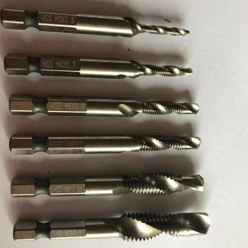 Free shipping of 6PCS/set HSS 1/4" hex shank sprial flute drilling and tapping composite taps screw taps M3 M4 M5 M6 M8 M10