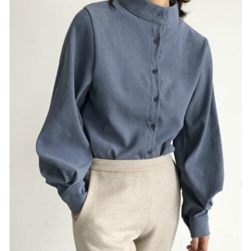 Lantern Sleeve Blouse Women Tops 2020 Autumn Winter Single Breasted Stand Collar Shirts Office Blouse Vintage Shirt Female SL80