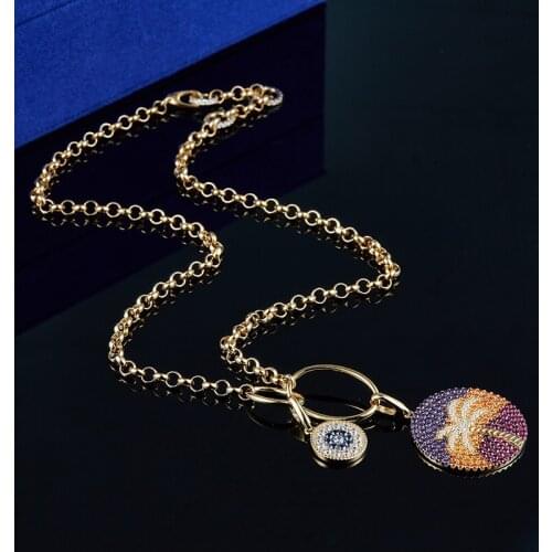 SLJELY High Quality 925 Sterling Silver Tropical Multicolor Palm Tree & Lucky Eye Clippable Pendant Necklace Women Brand Jewelry