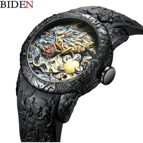 Top Brand BIDEN Mens Watches Dragon Design Quartz Watch Silicone Strap Waterproof Sport Wristwatch Male Clock Relogio Masculino