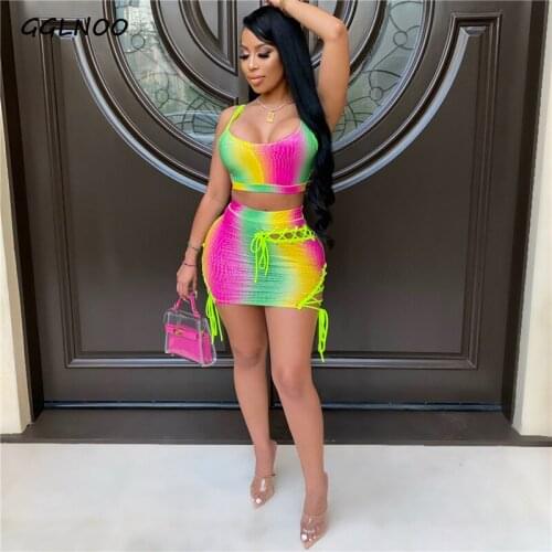 GGLNOO New Chic Rainbows Print Crop Top And Skirt Set Two-Piece Suits Womens Lace-Up Bandage Tracksuit Set Party Club Outfits