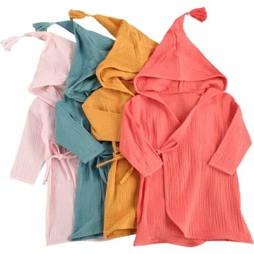 1-5Years Toddler Kids Baby Boy Girls Long-sleeved Bubble Cotton Bath Robe Solid Color Hooded Bathrobe Toddler Home Bathing Suits