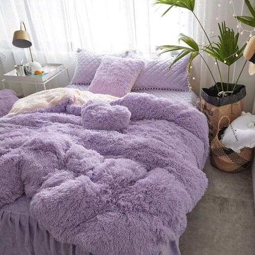 Mink Velvet Purple Blue Pink Gray White Girls Bedding Set Soft Berber Fleece Duvet Cover Thick Bed Sheet Bed Skirt Pillowcases