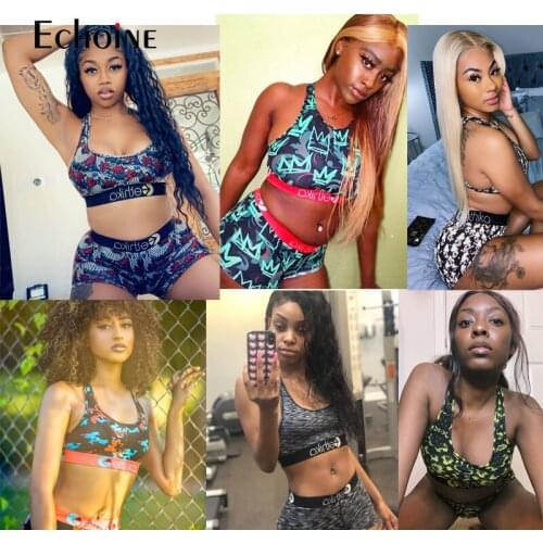 Echoine summer Women Sexy Printed 2 Two Piece Set Crop Top Biker Shorts Suit Bodycon Tracksuit Set Fitness Clothing club Outfits