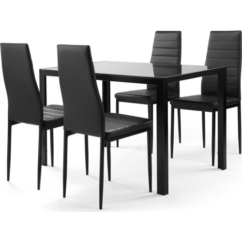 5 Pieces Dining Table Chair Set for 4 Include 1 Tempered Glass Desktop Dining Table + 4 High Backrest Faux Leather Chairs Black