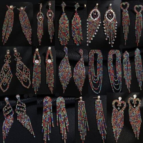 Wholesale 6 Pairs/Lot Bulk Multicolor Rhinestone Long Tassel Earrings Women Luxury Party Club Bridal Big Drop Dangle Earrings