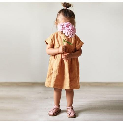 Girls Short-Sleeve Dress 2021 Summer Korean Kids Cotton And Linen Princess Dresses Literary Childrens Clothing TZ03