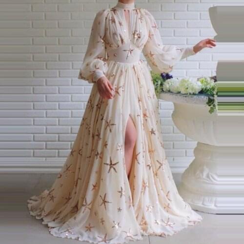 Plus Size Prom Dress With Sleeves Open Leg Girls Sequined Dresses Party Formal Evening Gala Long Gowns