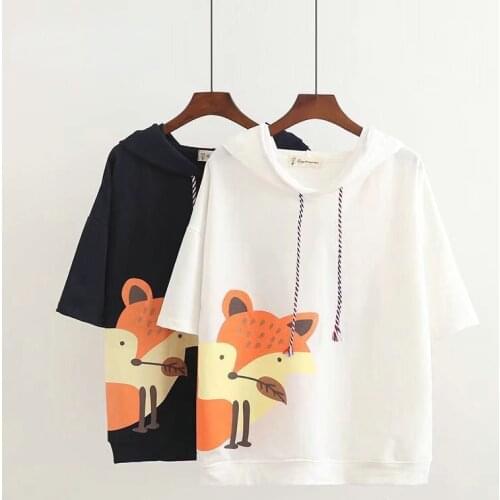 Japanese Mori Girl Fox Print Cartoon Hoodie T-shirt Womens Casual Loose Short sleeved with Horns Harajuku Teens Girls Tee Tops
