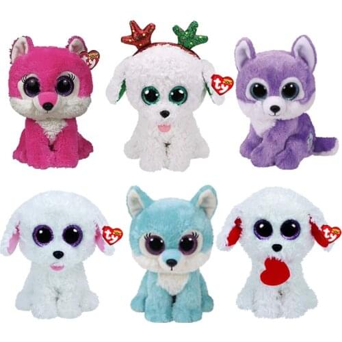 Ty Beanie Boos Big Eyes Stuffed Animal Plush Dog Wolf Series Blue Red Purple Wolf White Teddy Dog Collection Child Birthday Gift