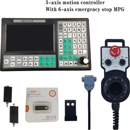 USB controller SMC5-5-N-N CNC 5-axis offline Mach3 500KHz G-Code 7-inch large screen 6-axis emergency stop handwheel MPG