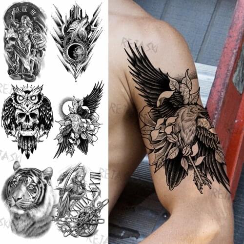 Black Sun Eagle Temporary Tattoo For Men Adults Realistic Fake Wolf Warrior Skull Eagle Owl Tiger Tatoo Washable Tattoo Stickers