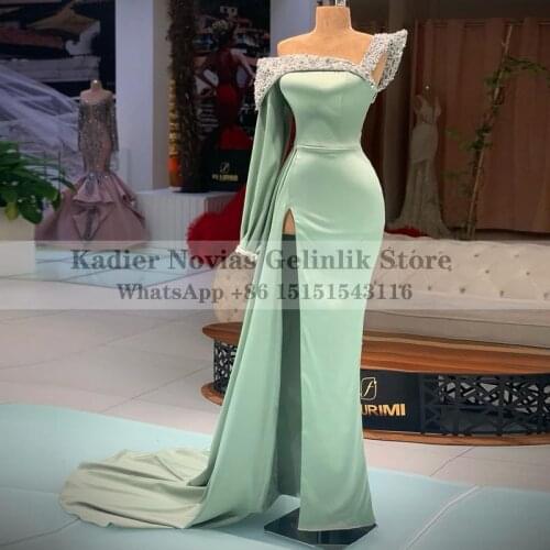 Long Sleeve Mermaid Green Satin Evening Dresses 2021 with Slit Beads Prom Party Dress vestidos de noche