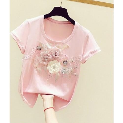 2020 New Summer Korean Version Loose Female Student Pink T-shirt Top Short Sleeve Bubble Sleeve Large Size Ins Tide Half Sleeve