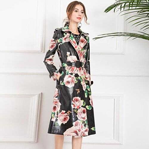 Coat Designer High Quality Autumn Womens Party Workplace Office Casual Vintage Elegant Chic Rose Print Long Sleeve Windbreaker
