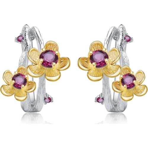 GEMS BALLET 925 Sterling Silver Handmade Stud Earrings 2.10Ct Natural Rhodolite Garnet Branch Blossom Flower Earrings for Women