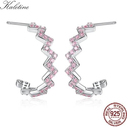 KALETINE Z Shape Stud Earrings Women Sterling 925 Silver Pink Zircon Earrings for Girls Ear Jackets Silver Jewelry Gifts KLTE100