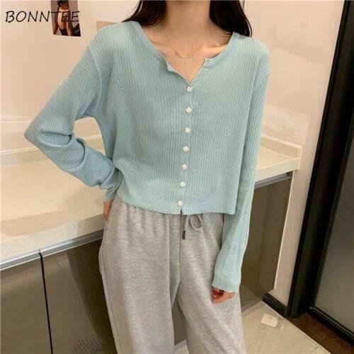 Cardigan Women Sweet Button V-neck Popular Female Basic Long Sleeve All-match BF Pure Color Students Preppy Style Knitting Mujer