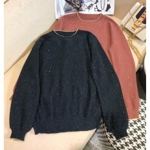 Ladies 2021 fashion new long sleeve sexy casual round neck bright silk cashmere sweater 1110