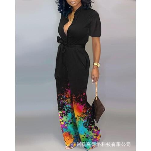 Womens 2021 new summer splash ink element printing short-sleeved jumpsuit