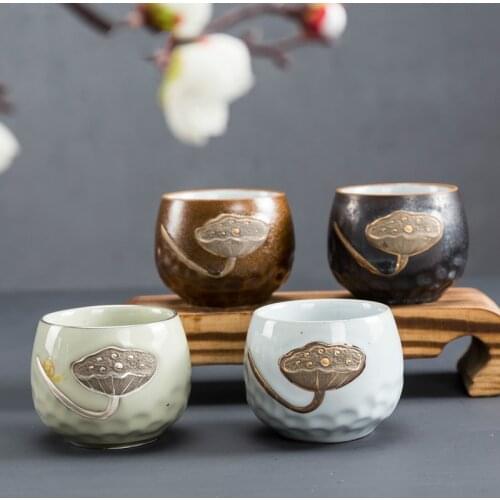 140ml Chinese Retro Color Glaze Handpainted Lotus Pottery Teacup China Home Office Large Ceramic Tea Cups