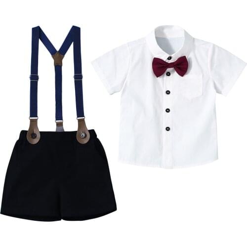 Infant Baby Boy Clothes Summer Gentleman Wedding Birthday Party Suit Newborn Baby Soft Cotton Romper+Belt Pants 2Pcs Toddler Set
