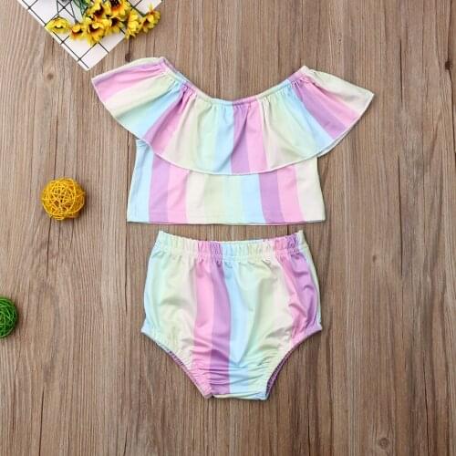 Toddler Infsnt Baby Girls Clothes Set Striped Top Ruffle Pants Brief Sunsuit Summer Fashion Girl Clothing 2PCS