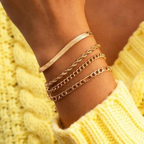 4 Pieces/set of Punk Hip Hop Retro Style Flat Snake Bone Bracelet Geometric Simple Winding Twist Chain Bracelet Party Jewelry