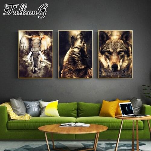 FULLCANG 5d diy diamond embroidery sale elephant wolf animal painting triptych full square round drill wall decoration FC3616