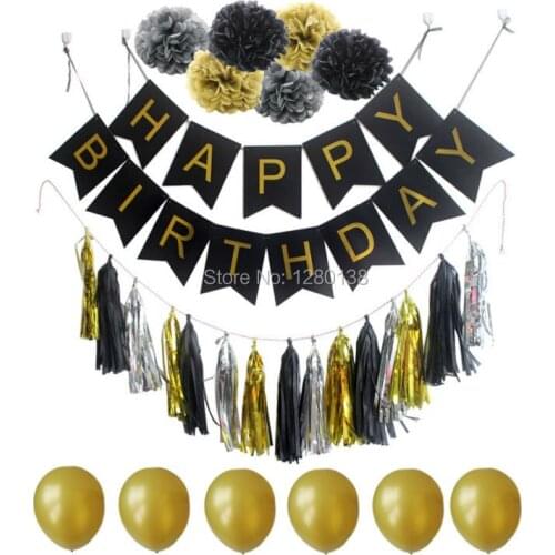 Happy Birthday Bunting Banner Decorations Party Balloons Tissue Paper Tassel Garland Pompoms Flowers Black Gold and Silver Set