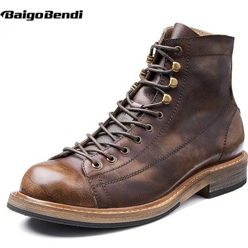 Retro Big Round Toe Men Work Boots British Style Cool Leather Lace Up Ankle Boots Man Autumn Casual Shoes