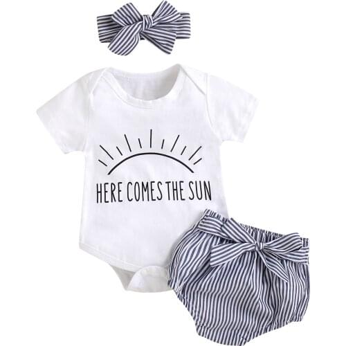 2021 0-18M Summer Baby Girl Clothes Set Sun Letter Print Short Sleeve Romper+Striped Shorts+Headband Summer 3pcs Outfits