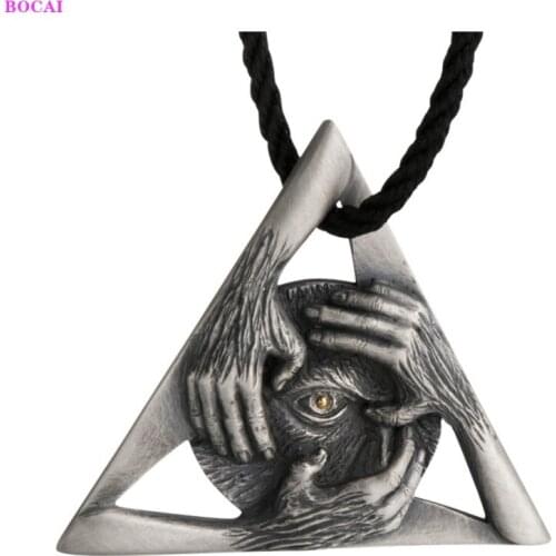 BOCAI 100% S999 sterling silver pendant Handmade Hand eyes Solide Pure Argentum Triangle pendant jewelry for men and women