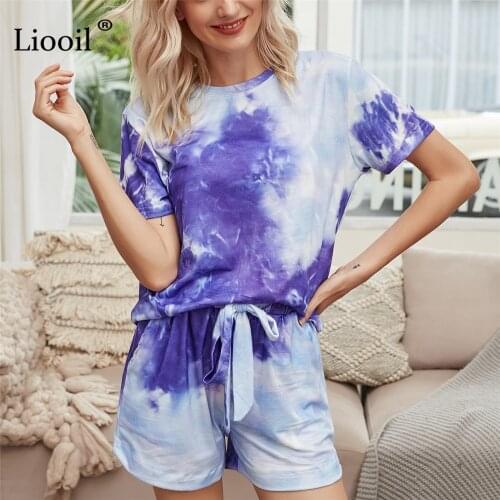 Liooil Casual Two Pieces Print Set Women Tracksuit Loose T Shirt And Shorts With Pockets 2021 Summer Short Sleeve Jogger Sets
