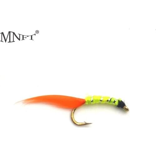 MNFT 10Pcs/Pack Yellow Body Orange Feather Tail Nymph Trout Fishing Mayfly Baits Fishing Hooks 12