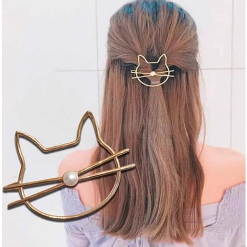 Fashion Hollow Lovely Cat Pearl Hair Clip for Women Elegant Korean Design Snap Barrette Stick Hairpin Hair Styling Accessories