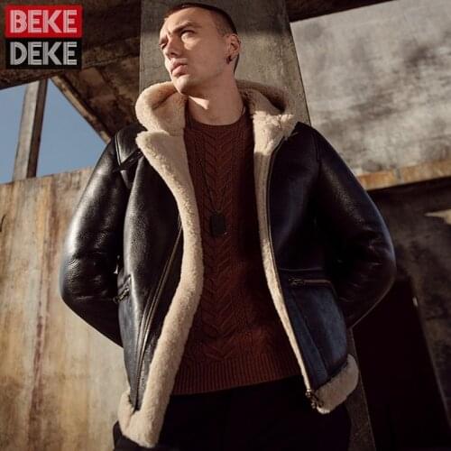 Winter New Men Real Fur Bomber Jacket Luxury Hoodie Sheep Shearling Genuine Leather Jackets Biker Aviator Wool Lining Overcoat