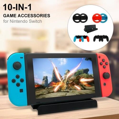 10Pcs/lot Game Accessories Set for Nintendo Swicth 4Pcs Switch Steering Wheel+4Pcs Controller Grips+Charge Dock+USB Type-C Cable