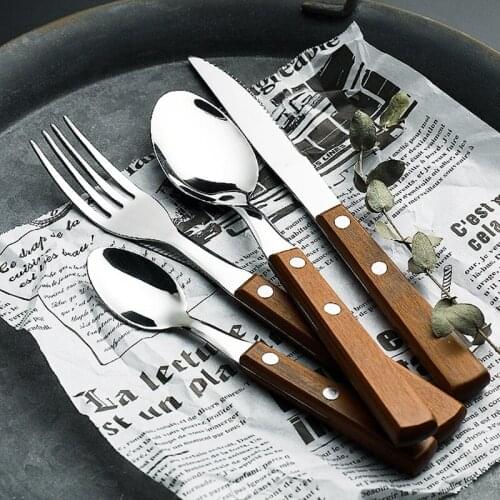 304 Stainless Steel Dinnerware Set With Wooden Handle Spoon Western Cutlery set Kitchen food Knife Fork And Spoon Tableware