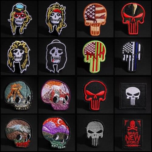 Sky Skull Embroidered Patches of human skeleton iron on clothing badges flower bow skull biker applique Diy Punk badge