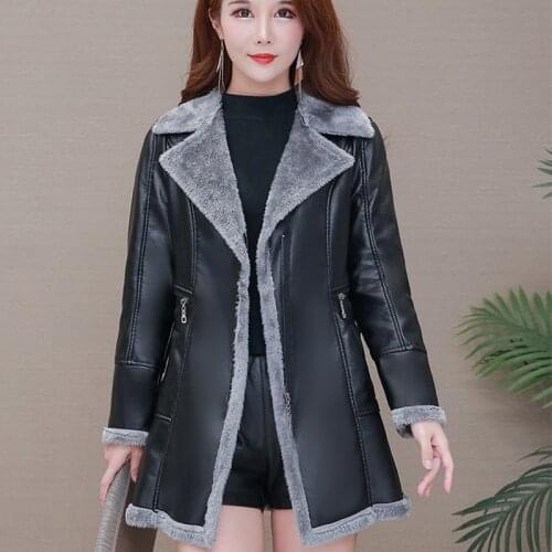 Autumn Winter FashionTurn-down Collar PU Coat Korean Ladies Long Jacket Coat Female Long Sleeve Plus Size Womens Outerwear