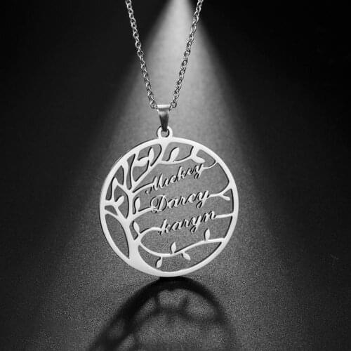 My Shape Custom Tree of Life Necklace Stainless Steel Family Name Customized Personalized Letter Round Pendant Necklaces Gift
