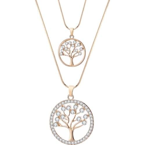 Round Tree Of Life Pendants Necklace For Women Gold Color Double Chains Crystal Necklace Female Fashion Jewelry Party Gifts